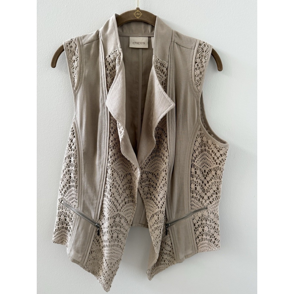 Women's Lightweight Tan Vest With Crochet Panels By Chicos Size 1